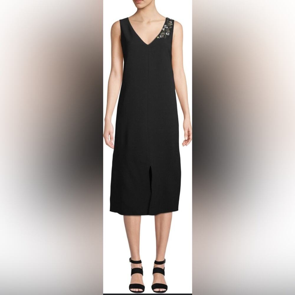 Lafayette 148 New York Dress Women L Black NEW Jewel V‎ Neck Slit Hem